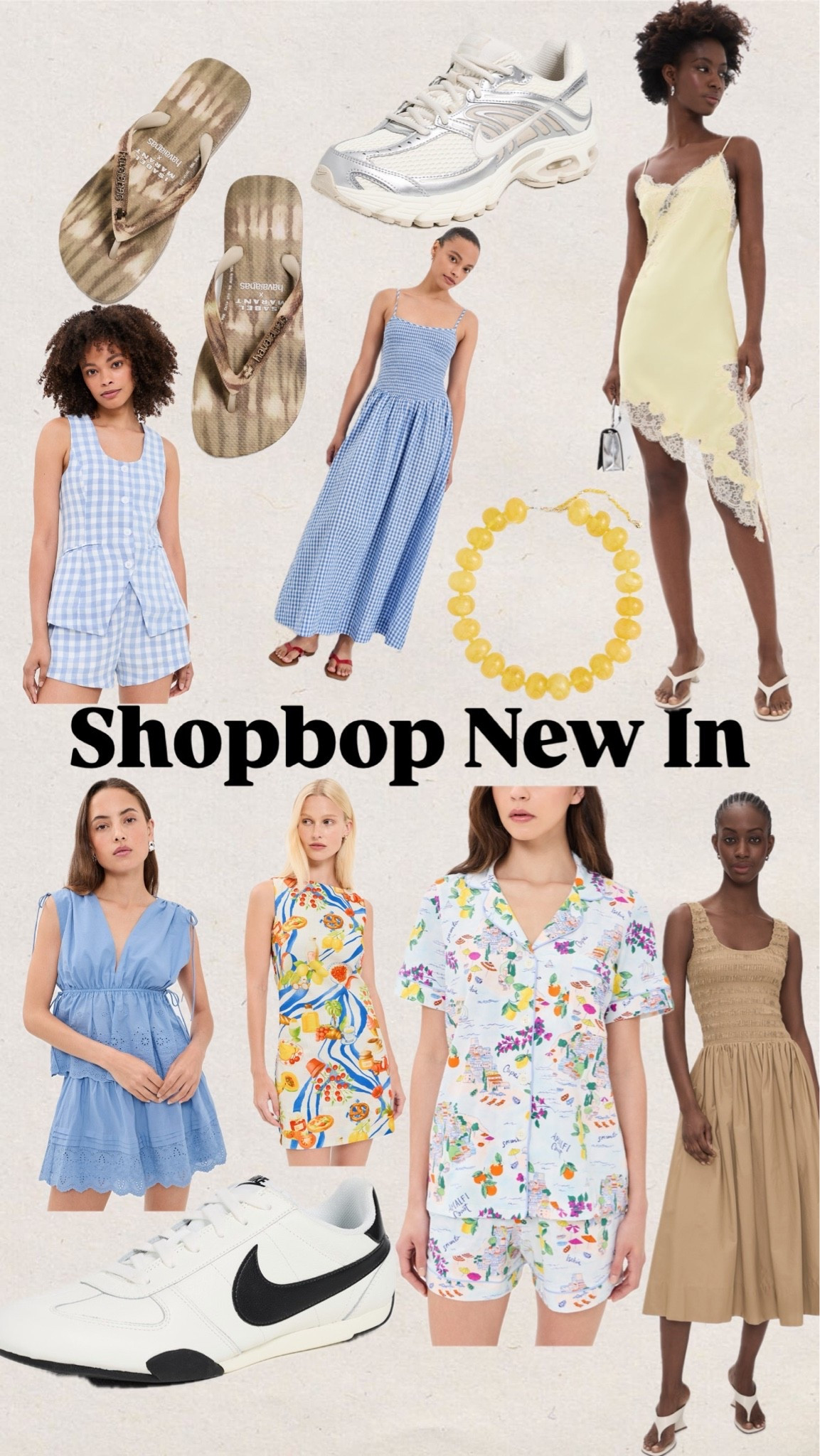 Shopbop new in
Matching set
Pajamas
Dress
Gingham
Necklace
Butter yellow
Chambray 
Lace dress