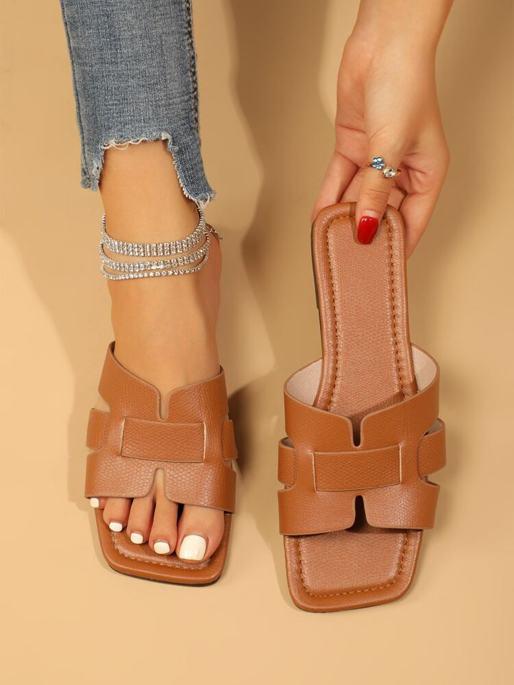 Women Snakeskin Embossed Slide Sandals, Elegant Solid Outdoor Flat Sandals | SHEIN