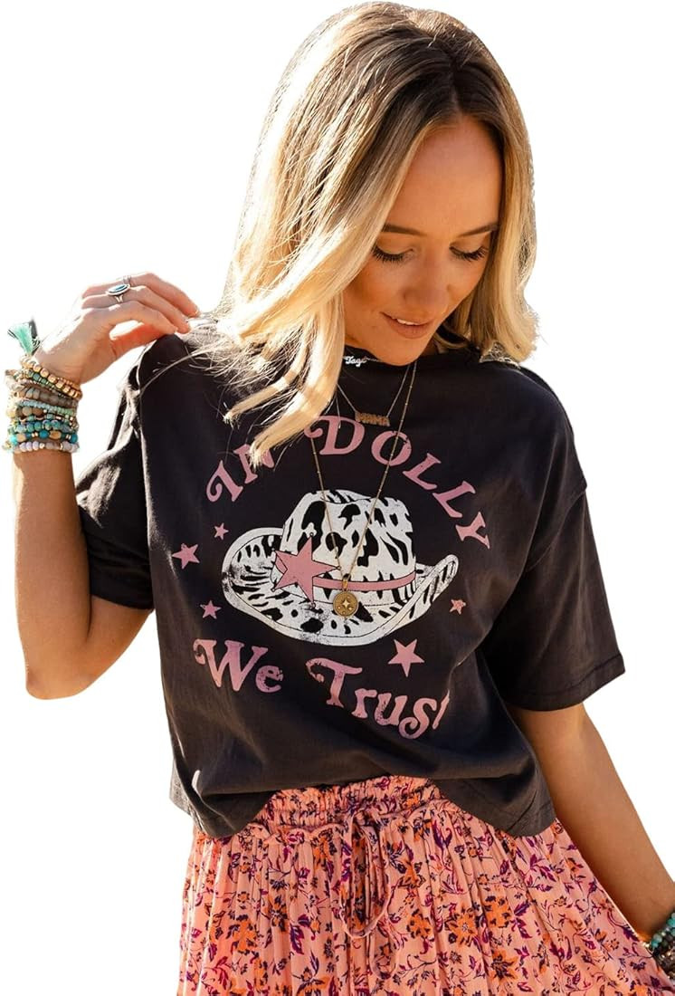GuwXoapiy Womens T Shirts Gray WE Trust in Dolly Western Fashion Graphic Tee | Amazon (US)