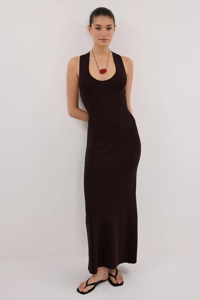 DEVIN BITTER CHOC RACER KNIT MIDI DRESS | DISSH