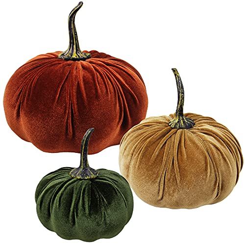 Set of 3 Faux Large Rustic Harvest Decorative Pumpkins Velvet Foam Pumpkins Fabric Pumpkins in Rust  | Amazon (US)