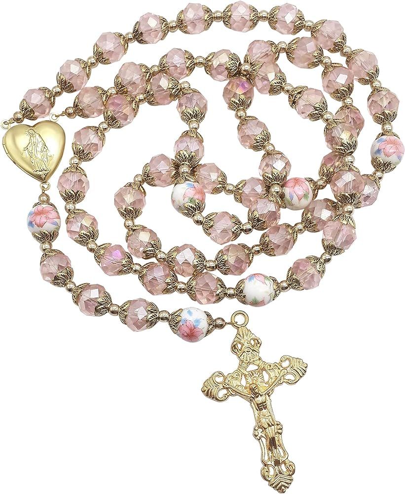 Nazareth Store Catholic Pink Crystal Beads Gold Rosary Flowers Beaded Necklace Holy Mary Heart Lo... | Amazon (US)