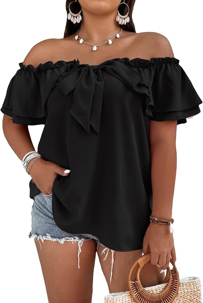MakeMeChic Women's Plus Size Off Shoulder Top Tie Front Layered Ruffle Short Sleeve Blouse Top | Amazon (US)