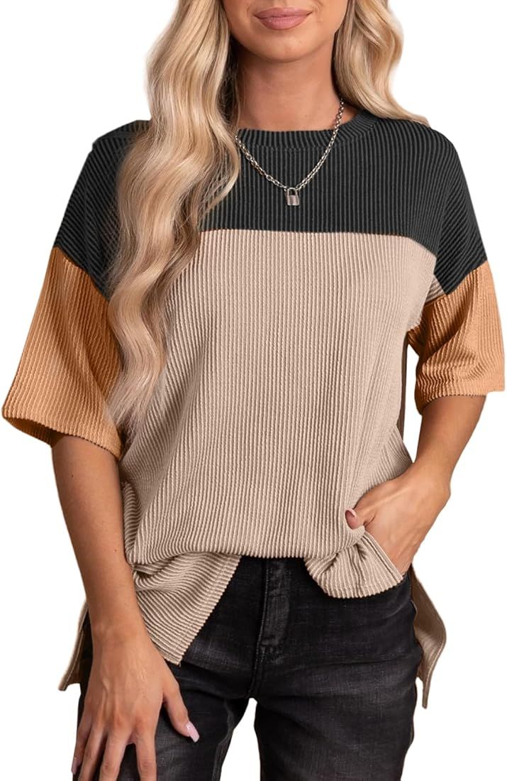 EVALESS Womens Summer Short Sleeve Crewneck Shirts Tops Color Block Lightweight Tunic Top | Amazon (US)
