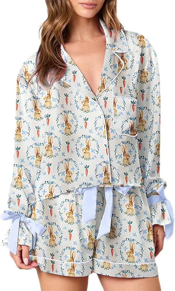 Women Silk Satin Martini Bow Pajamas Aesthetic Preppy Pjs Long Sleeve Shirt Ruffle Pj Shorts Set ... | Amazon (US)