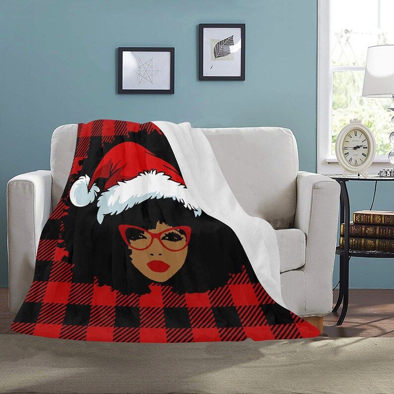 Christmas Blanket Women's Blanket Santa Hat Afro Lady - Etsy | Etsy (US)