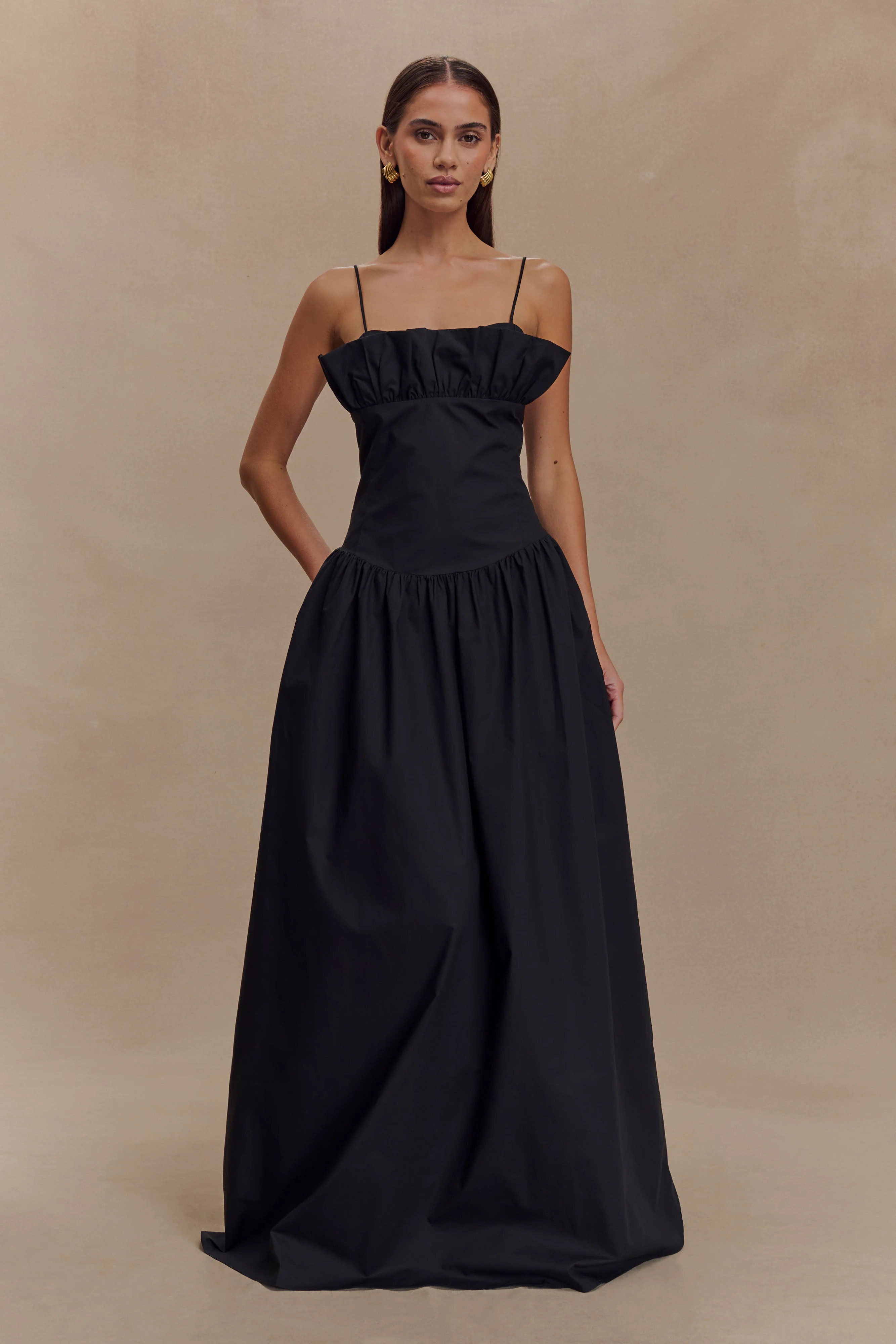Cotton Frill Maxi Dress - Black | MESHKI US