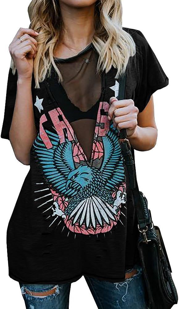 Womens Short Sleeve Graphic Tees Distressed Hawk Print Mesh V Neck Loose Sexy T-Shirt Tops Blouse | Amazon (US)