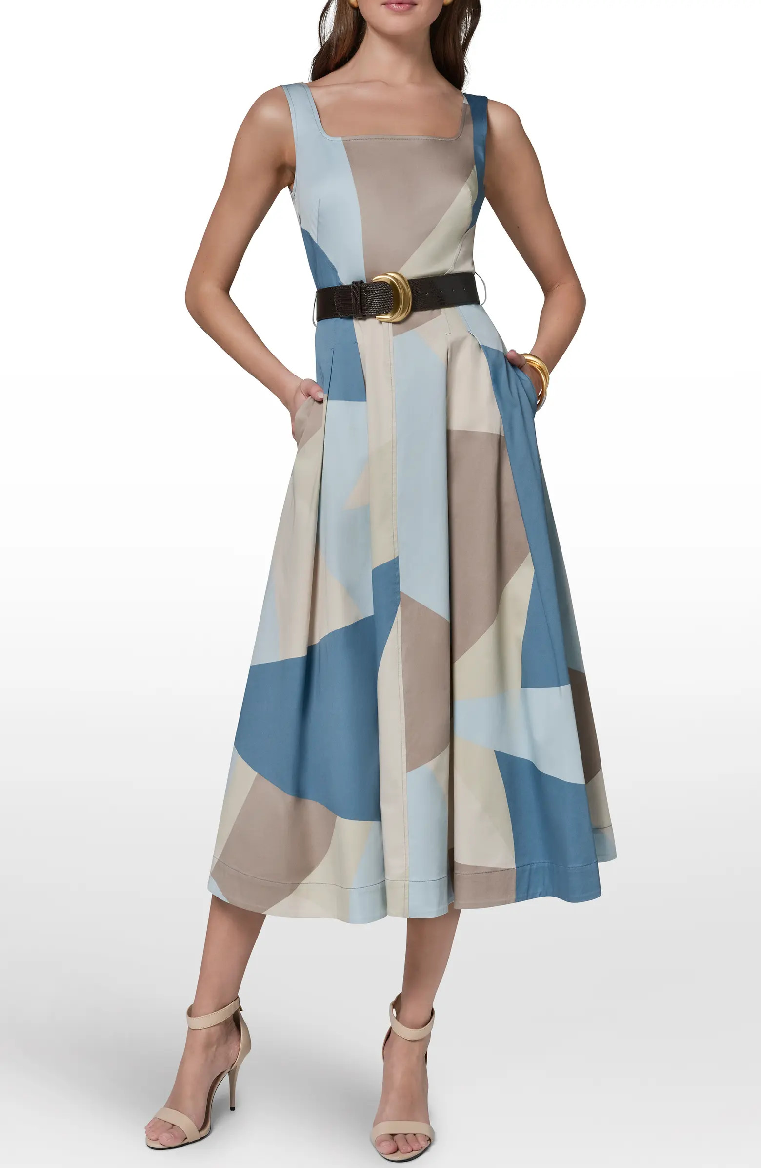 Donna Karan New York Abstract Pleated Sleeveless Belted Stretch Cotton Midi Dress | Nordstrom | Nordstrom