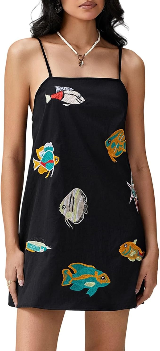 Women's Black Spaghetti Strap Short Dress with Colorful Fish Embroidery Casual Summer Sleeveless ... | Amazon (US)