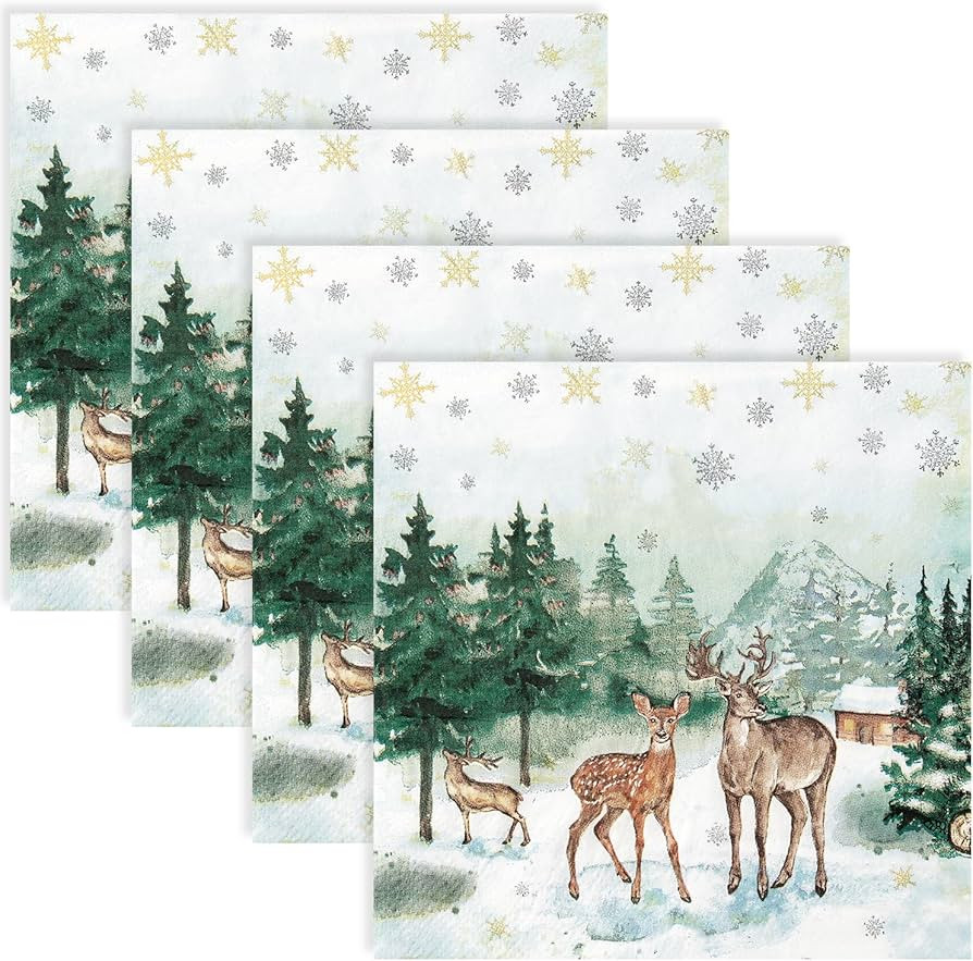 Quera 50 Pack Christmas Paper Napkins 6.5'' x 6.5'' Winter Watercolor Pine Forest Elk Paper Snowf... | Amazon (US)