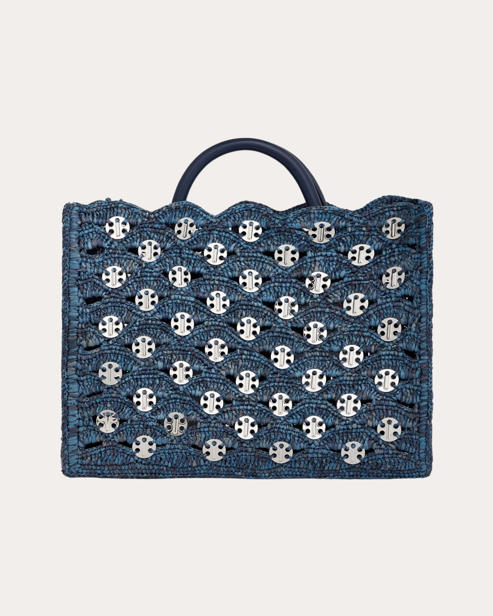Rabanne Women's 1969 Leather Trimmed Chainmail Embellished Raffia Tote in Blue Denim Silver Leather/Cotton/Denim | Olivela