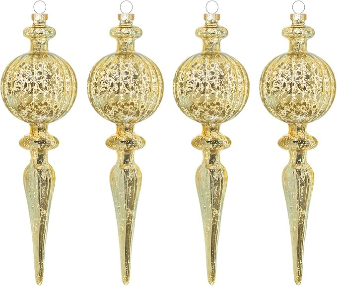 KI Store Mercury Glass Finial Christmas Ornaments Champagne Gold 4pcs 8-Inch Large Hanging Christ... | Amazon (US)