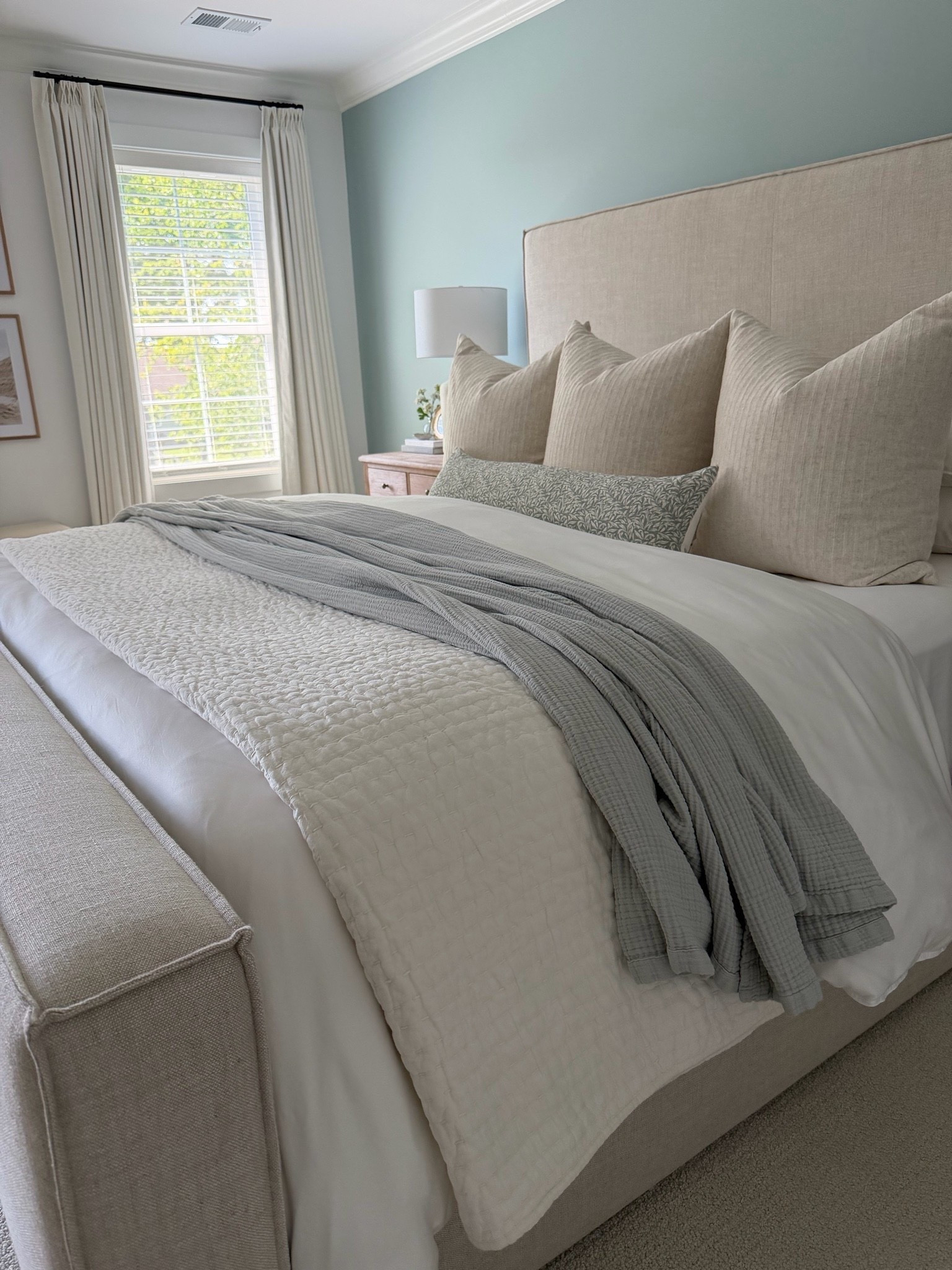 coastal bedroom, bedroom decor, neutral bedroom, serene bedroom, light blue bedroom, upholstered bed, linen headboard, luxury bedding, white bedding, quilted coverlet, gauze throw blanket, bed styling, layered bedding, king bed, primary bedroom, modern coastal, coastal home, calming bedroom, organic modern, neutral home decor, soft blue decor, bedroom refresh, home styling, designer look for less, high end home decor, cozy bedroom, bedroom inspiration, minimalist bedroom, luxury home finds, timeless home decor, Wayfair bedroom, Quince bedding, bamboo bedding, linen bedding, textured bedding, accent pillows, lumbar pillow, neutral pillows, bedroom makeover, interior styling, coastal cottage, classic home decor, elevated home, bedroom ideas, home inspiration, affordable luxury, soft home aesthetic, clean home decor, calming color palette, spa bedroom, inviting home