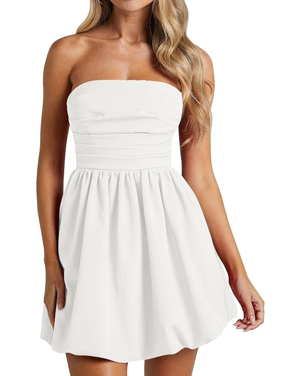 Wenrine Women's Sexy Strapless Summer Mini Dress Sleeveless Smocked A Lined Bubble Wedding Club P... | Amazon (US)