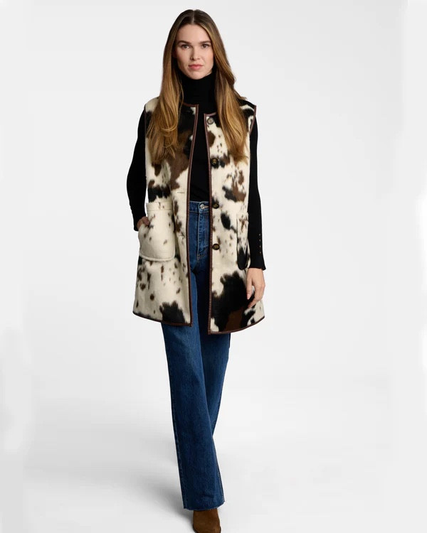 Bernardo outerwear long cow print vest now 50% off for $99! 