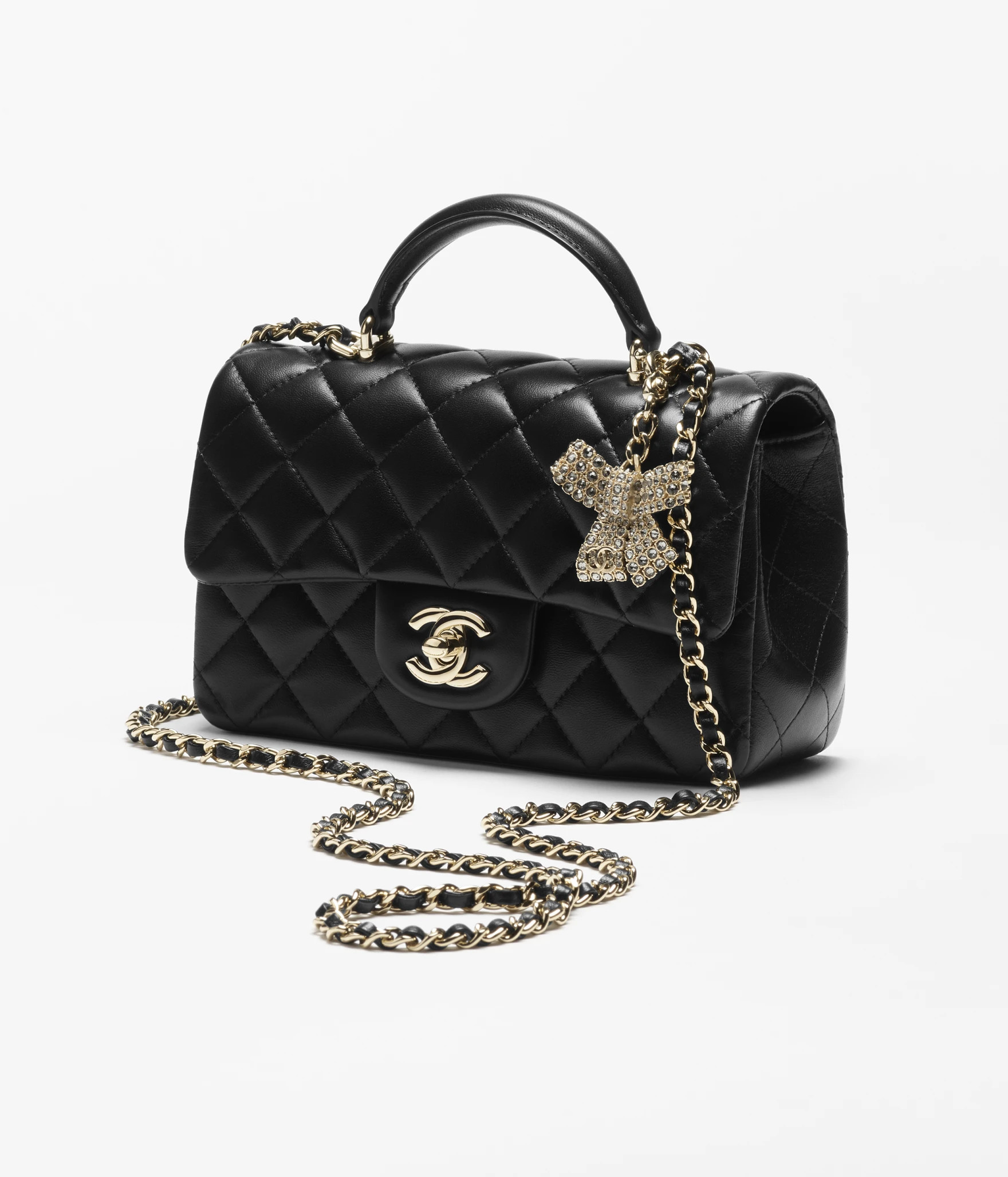 Mini classic handbag with top handle, Lambskin, strass & gold-tone metal, black — Fashion | CHA... | Chanel, Inc. (US)