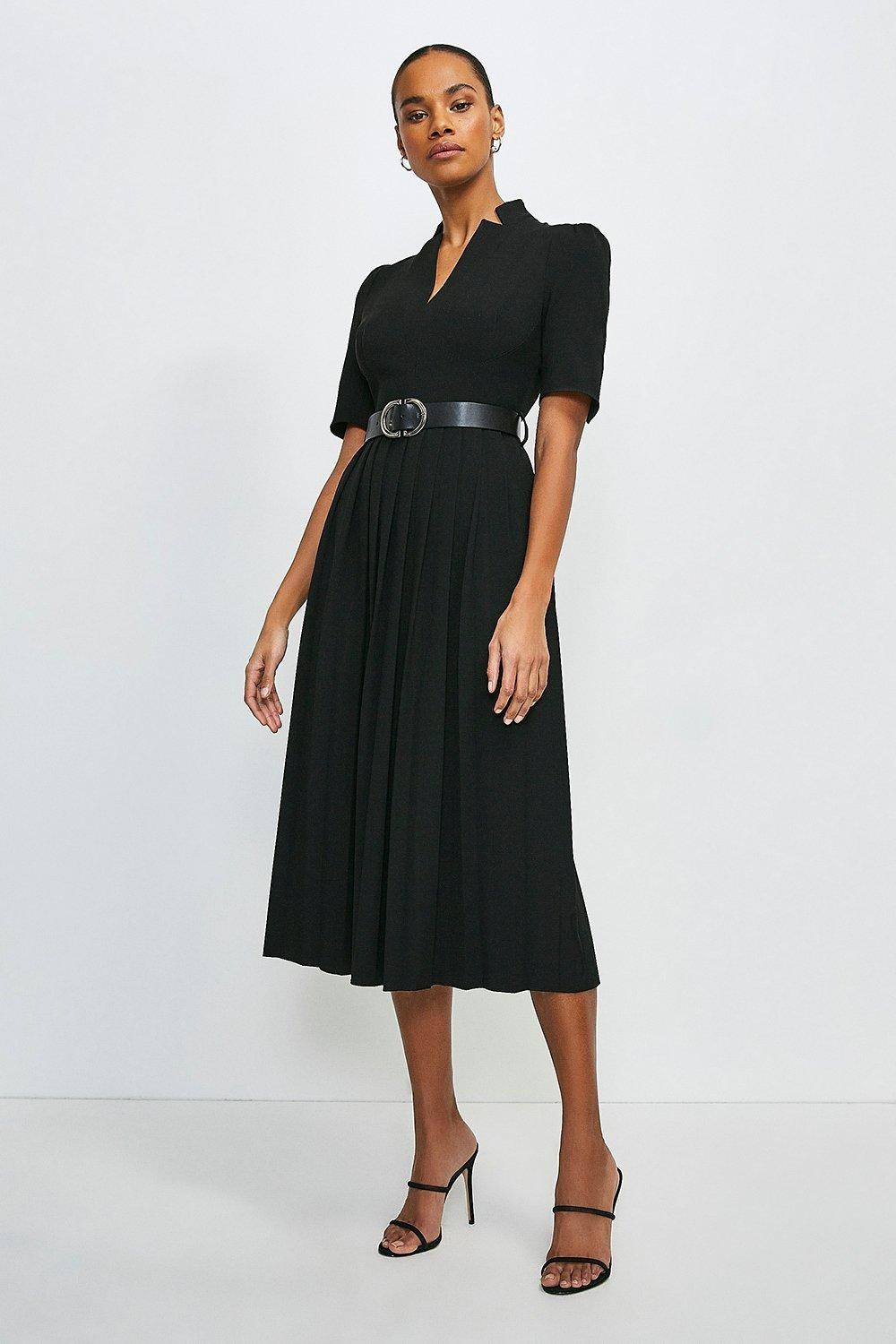 Structured Crepe Forever Pleated Midi Dress | Karen Millen UK & IE