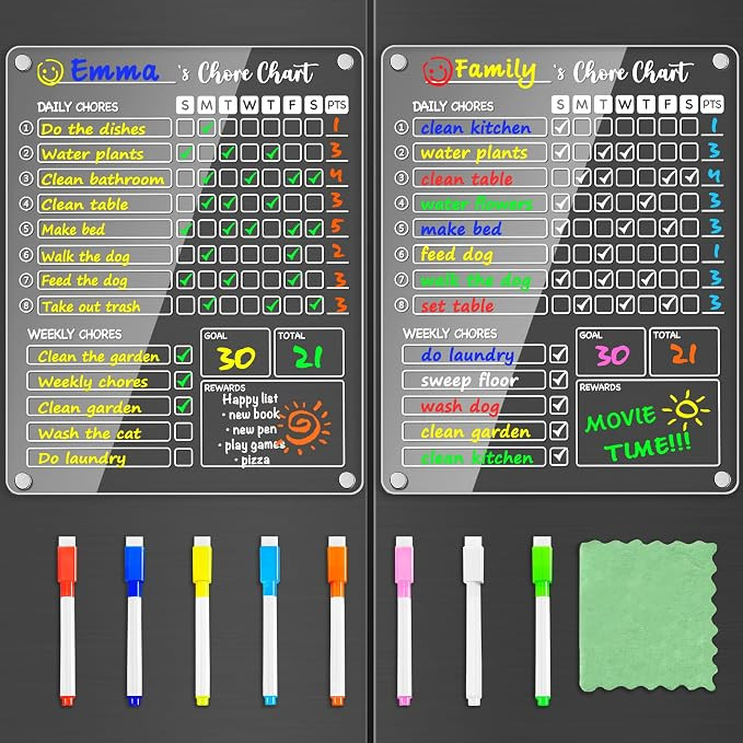 PigPotParty Acrylic Magnetic Chore Chart for Kids on Fridge – 2 Pack 9.5"x12" Weekly Dry Erase ... | Amazon (US)