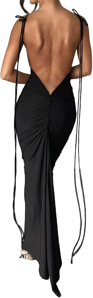 Backless Bodycon Maxi Dress for Women Ruched Sleeveless Spaghetti Strap Mermaid Dress Cocktail Eveni | Amazon (US)