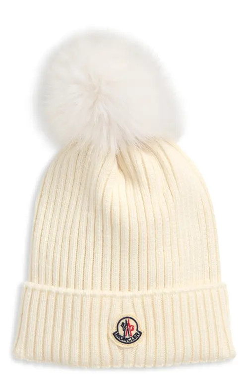 Moncler Kids' Virgin Wool Rib Beanie with Faux Fur Pompom in White at Nordstrom | Nordstrom