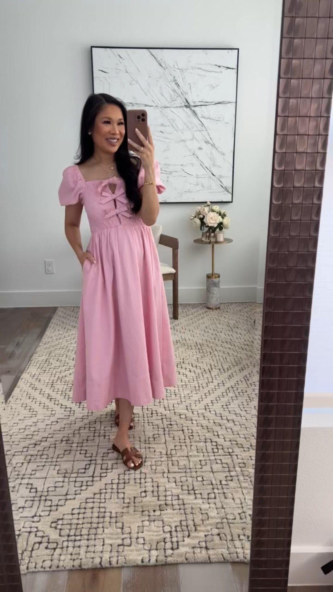Summer outfit with pink midi dress that has puff sleeves, bows, pockets, and a ruched bodice. Love the fit of this dress and it’s perfect for the summertime! On sale for 35% off 

#LTKSaleAlert #LTKSummerEdit #LTKStyleTip