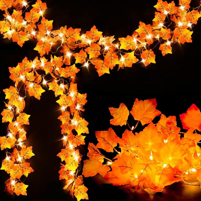 2-Pack Lighted Fall Garland, Total 16.4ft 40 LED Autumn String Lights | Amazon (US)