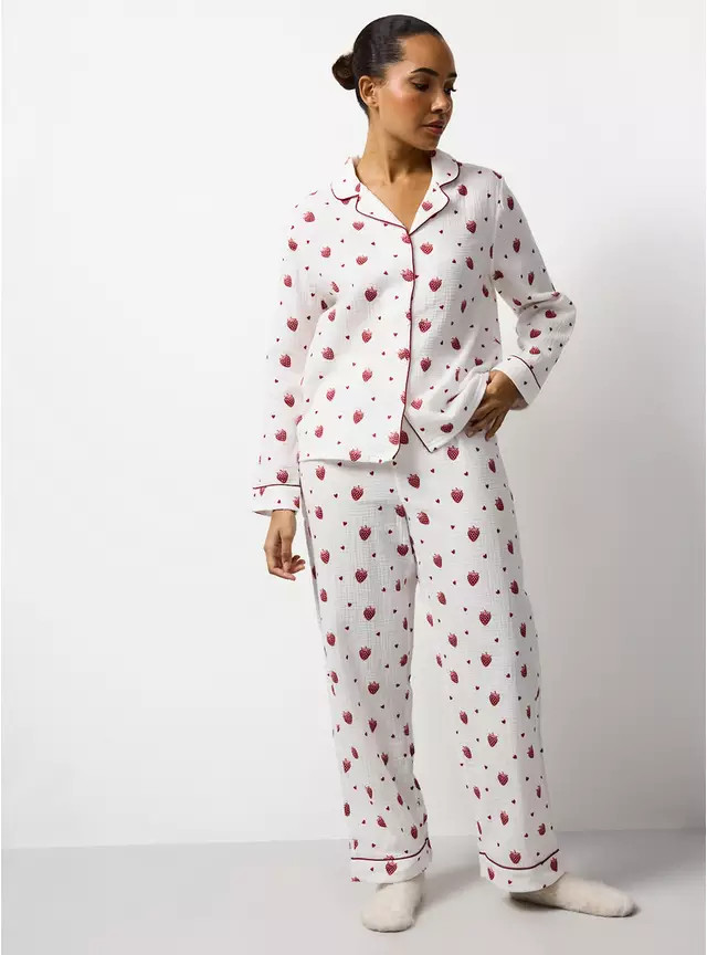 White Strawberry Print Traditional Pyjamas L | Tu Clothing