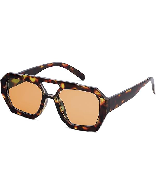 Trendy Designer Inspired Aviator Sunglasses for Women Men Hexagonal Square Thick Frame Double Bri... | Amazon (US)