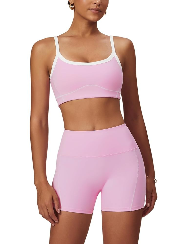 Workout Sets for Women 2 Piece Contrast Panel Sports Bra Tummy Control Butt lifting Shorts Jogger... | Amazon (US)