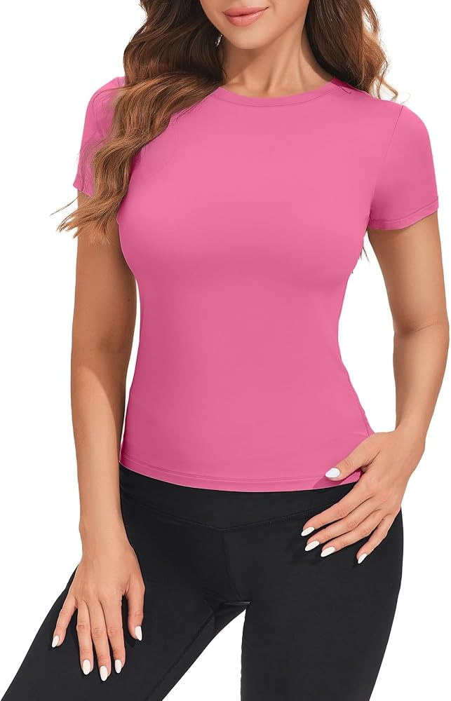 PINSPARK Workout Tops for Women Crew Neck Short Sleeve T Shirts Double Lined Slim Fit Stretch Ath... | Amazon (US)