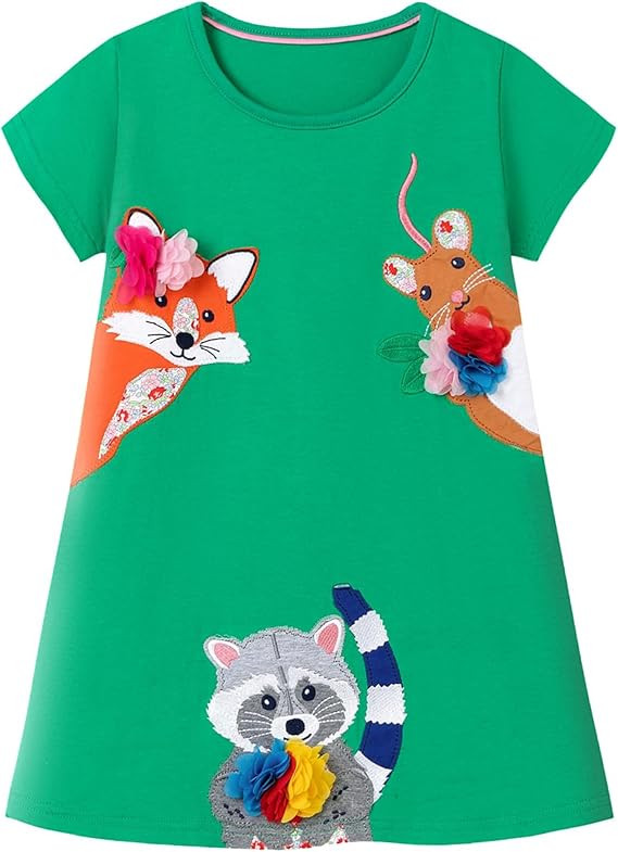 FreeLu Girls' Cotton Short Sleeve Dresses Cute Stripe Cartoon Patterned Casual Sundress | Amazon (US)