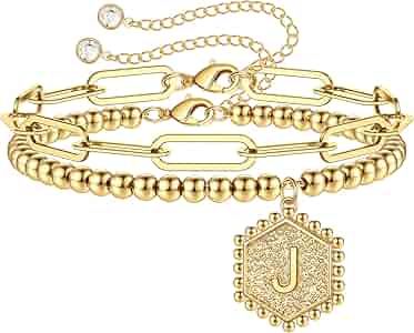 Gold Initial Bracelets for Women, 14K Gold Plated Beaded Bracelets for Women Teen Girls Hexagon P... | Amazon (US)