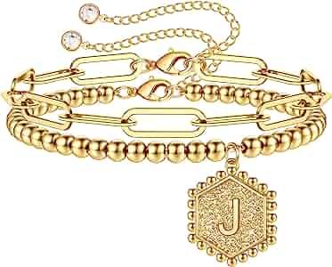 Gold Initial Bracelets for Women, 14K Gold Plated Beaded Bracelets for Women Teen Girls Hexagon P... | Amazon (US)