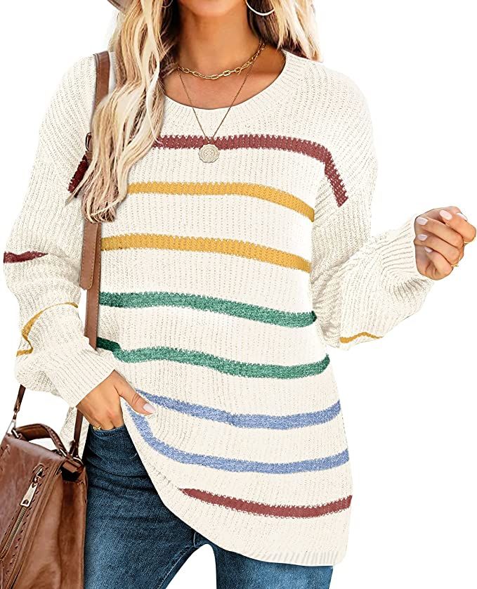 XIEERDUO Women's Crew Neck Long Sleeve Sweaters Color Block Knit Sweater Cozy | Amazon (US)