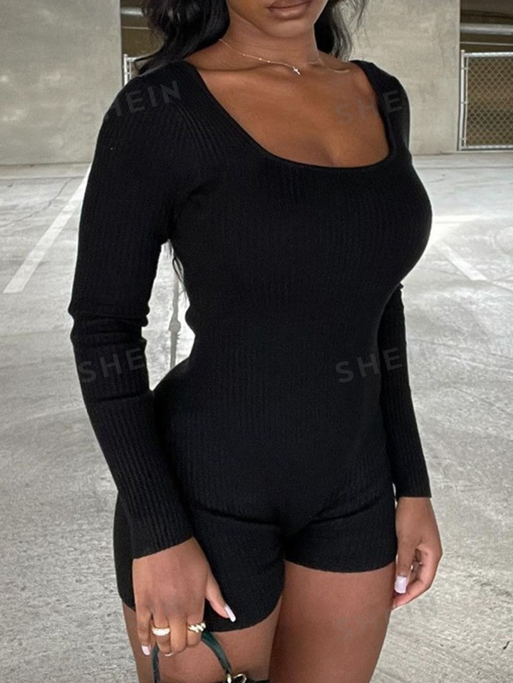 Scoop Neck Ribbed Knit Unitard Romper | SHEIN