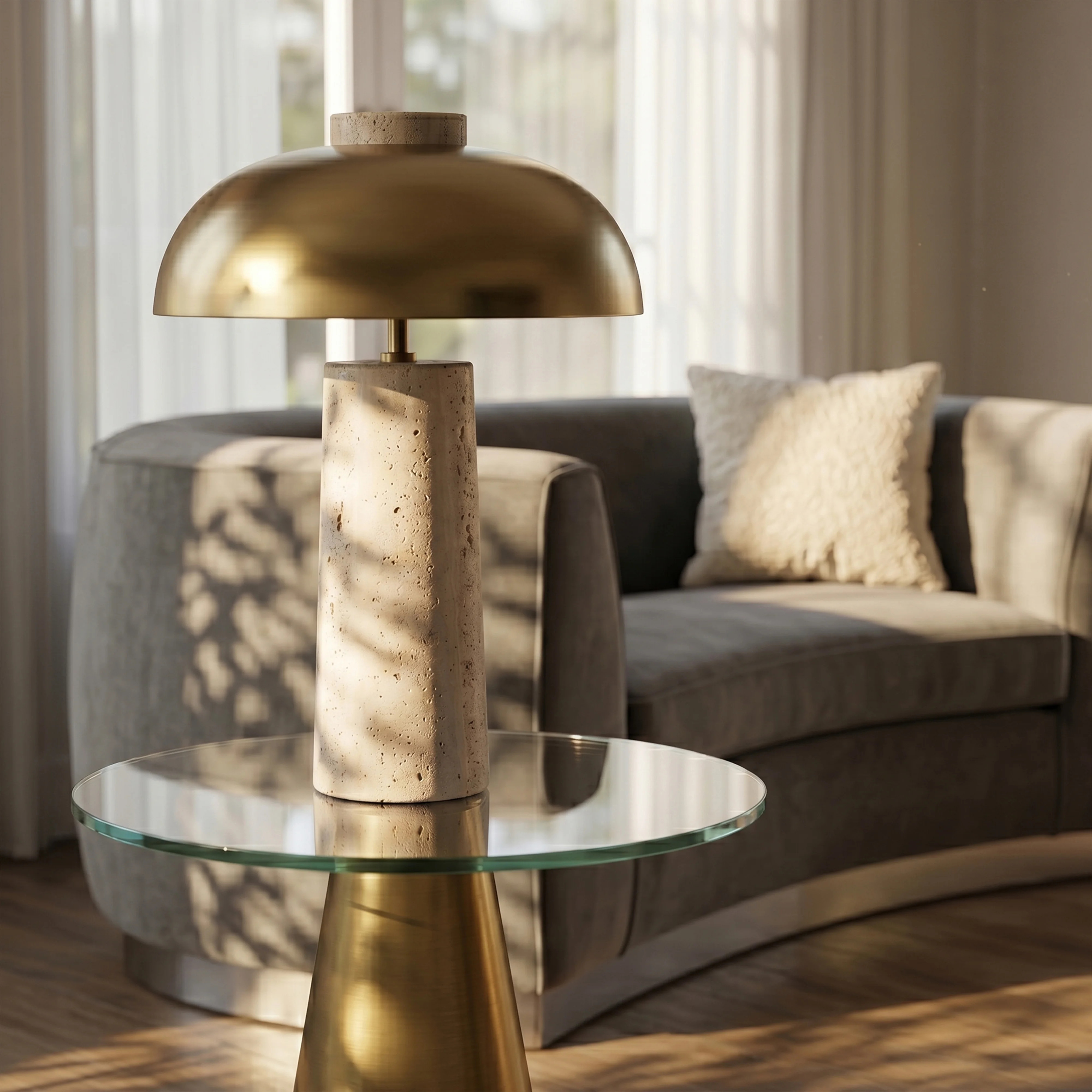 Arcadia Travertine Base And Black Iron Shade Table Lamp | Wayfair North America