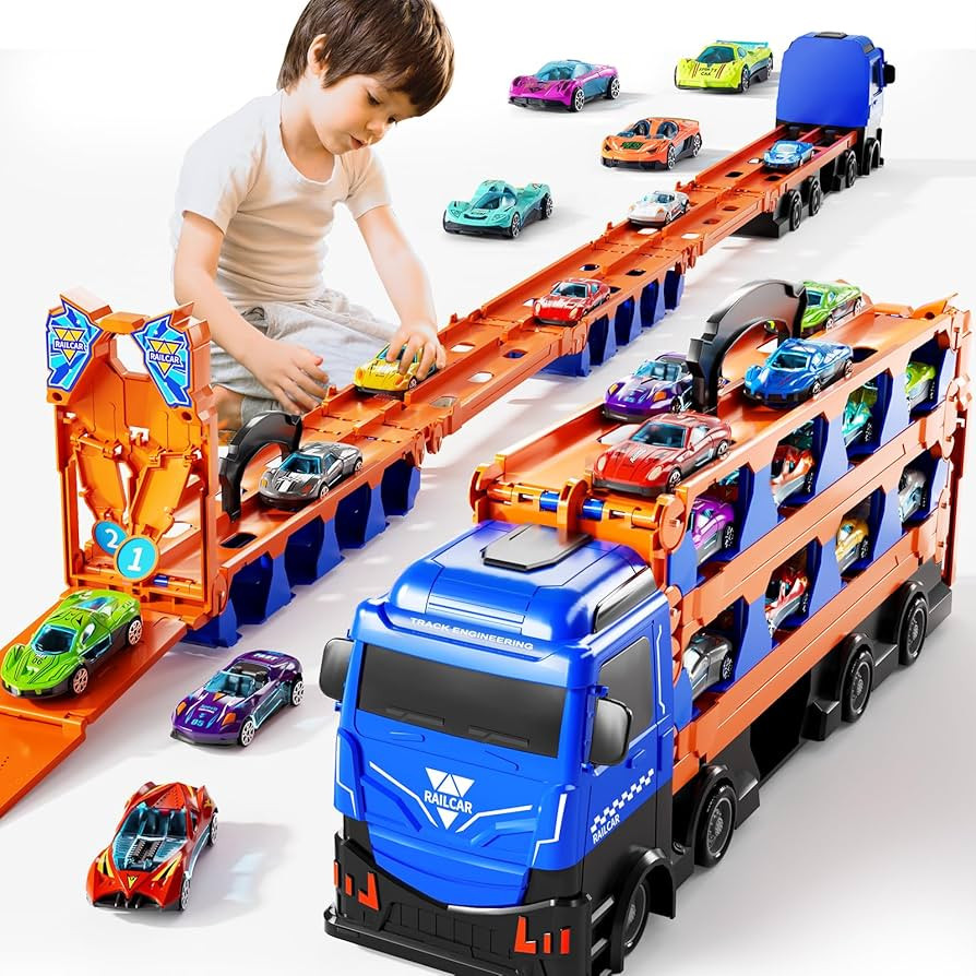 Carrier Truck Race Track Boys Toys, 78-Inch Toy Truck Transport Car Race Track & 12 Die-Cast Meta... | Amazon (US)