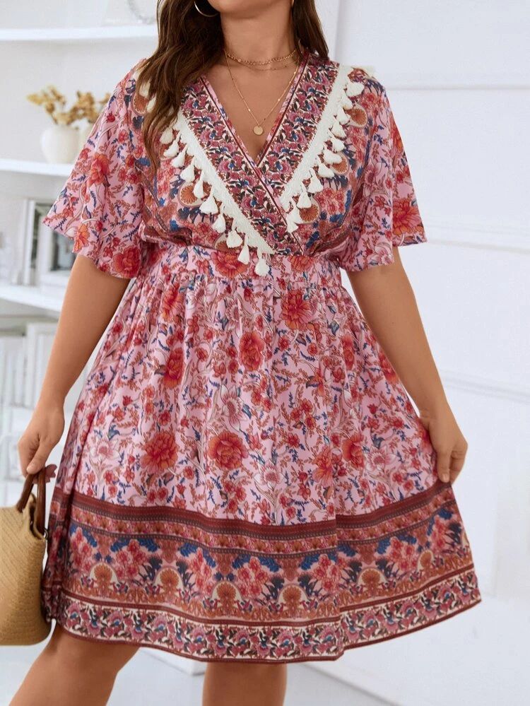 Plus Floral Print Butterfly Sleeve Tassel Trim A-line Dress | SHEIN