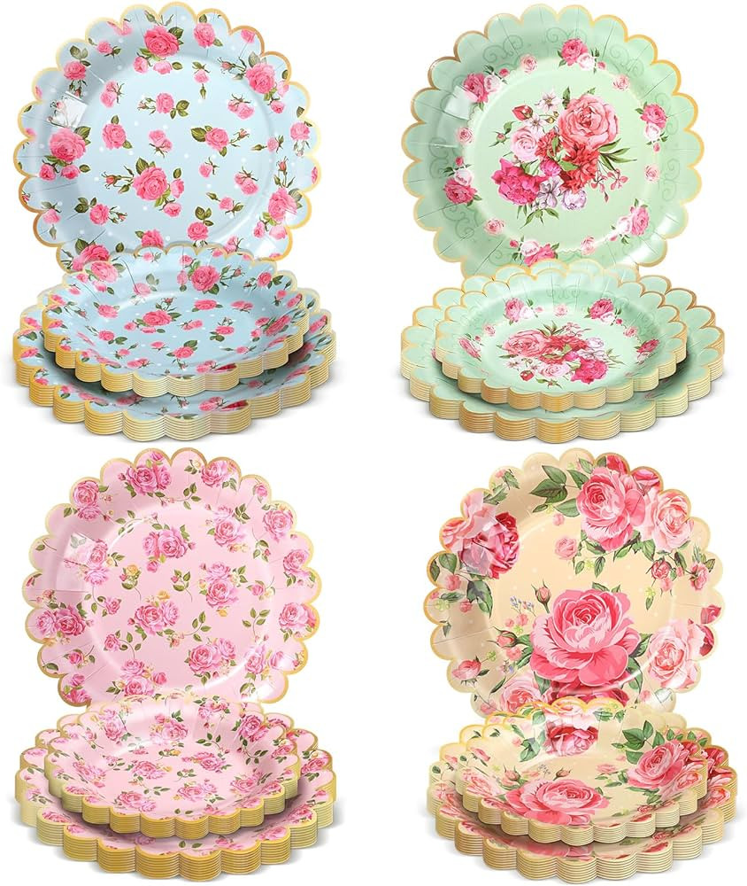 Pasimy 64 Pcs Floral Vintage Plates Paper Tea Party Plates Set 9 Inch Dinner Plates 7 Inch Desser... | Amazon (US)