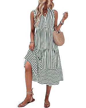 Floerns Women's Striped Print Notched Neck Sleeveless Ruffle A Line Midi Dress | Amazon (US)