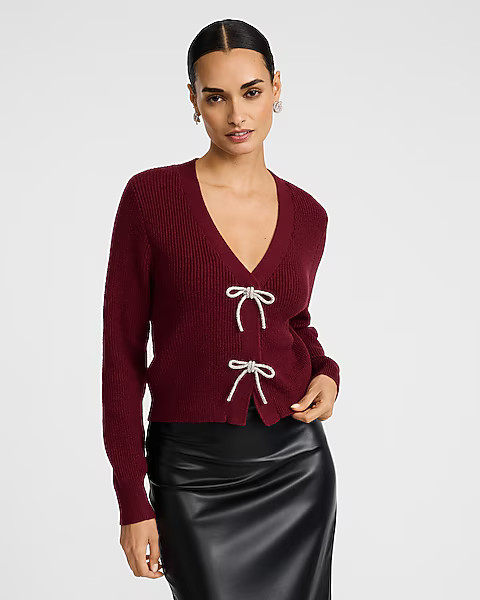 Ribbed V-Neck Rhinestone Bow Cardigan | Express