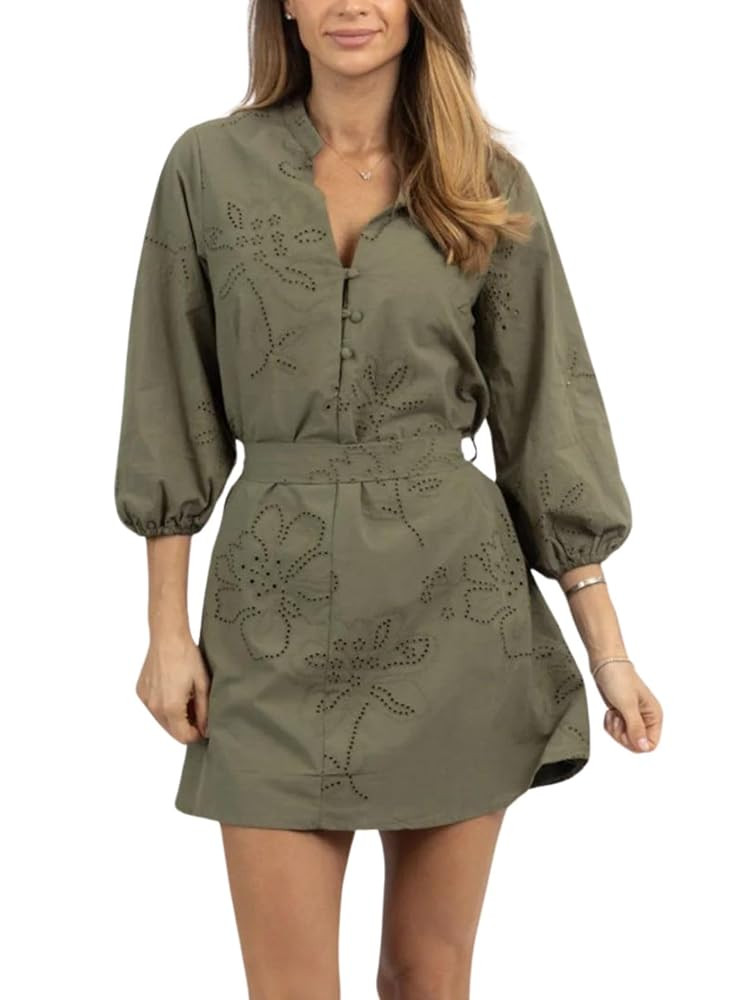 Womens Olive Embroidered Belted Mini Dress Summer Half Button 3/4 Sleeve Eyelet Dress | Amazon (US)