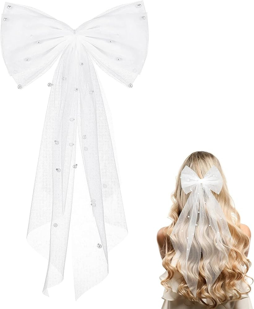 Reofrey Pearl Hair Bow Veil Clip, Bow Hairpin Headband Hair Ornament, White Tulle Mesh Wedding Br... | Amazon (US)