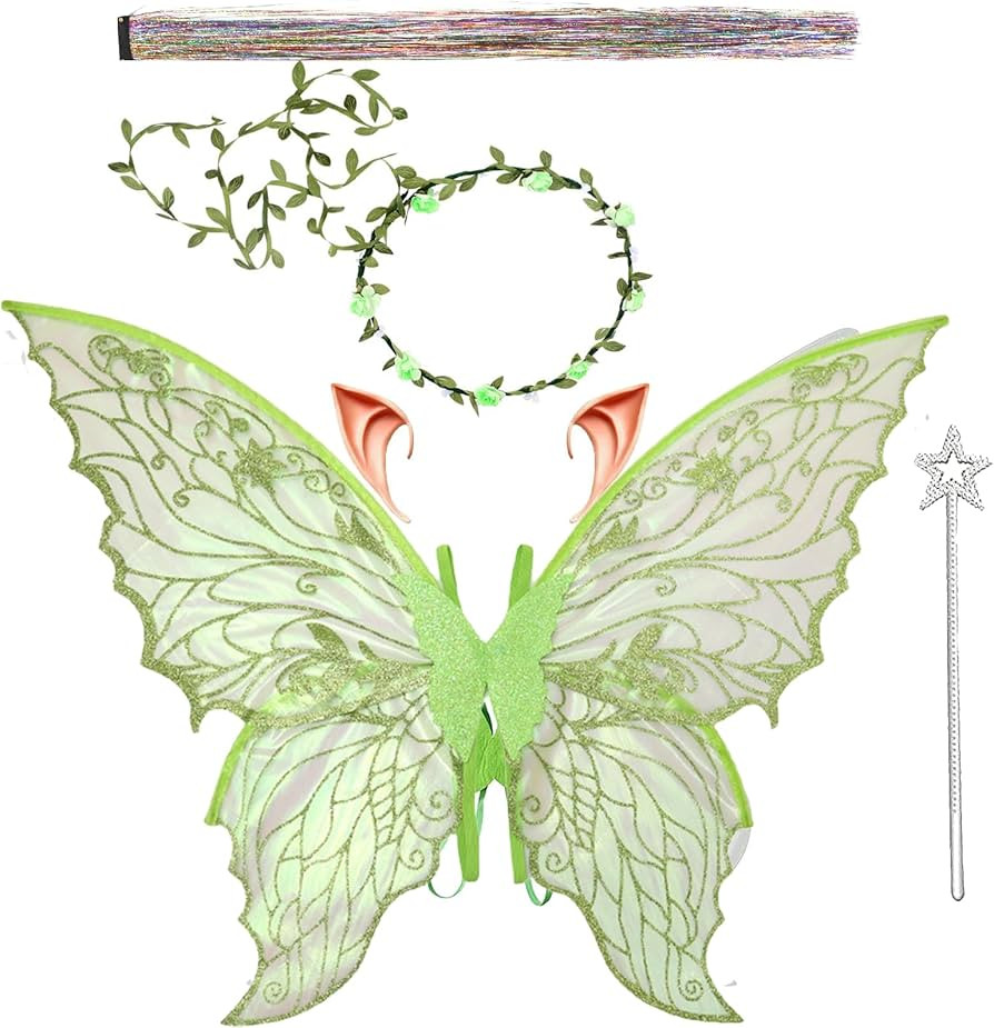 Fairy Wings for Adults and Girls，Fairy Costume Set with Floral Garland, Fairy Hair Tinsel, Wand... | Amazon (US)
