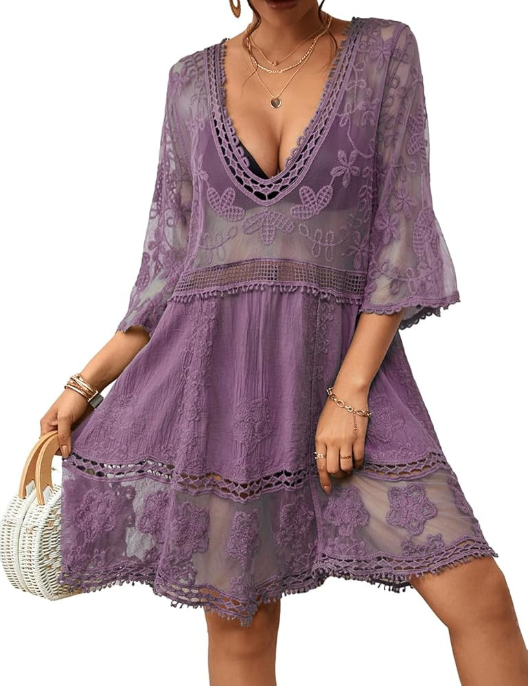 Bsubseach Women Lace Swimsuit Cover Up Bathing Suit Coverups V-Neck Swimwear Beach Vacation Dress | Amazon (US)