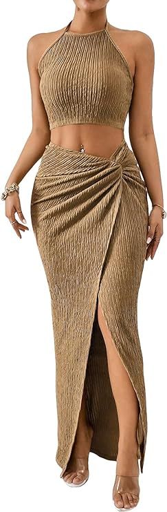 WDIRARA Women's 2 Piece Outfits Strapless Tube Top and Twist Front Split Thigh Skirt | Amazon (US)