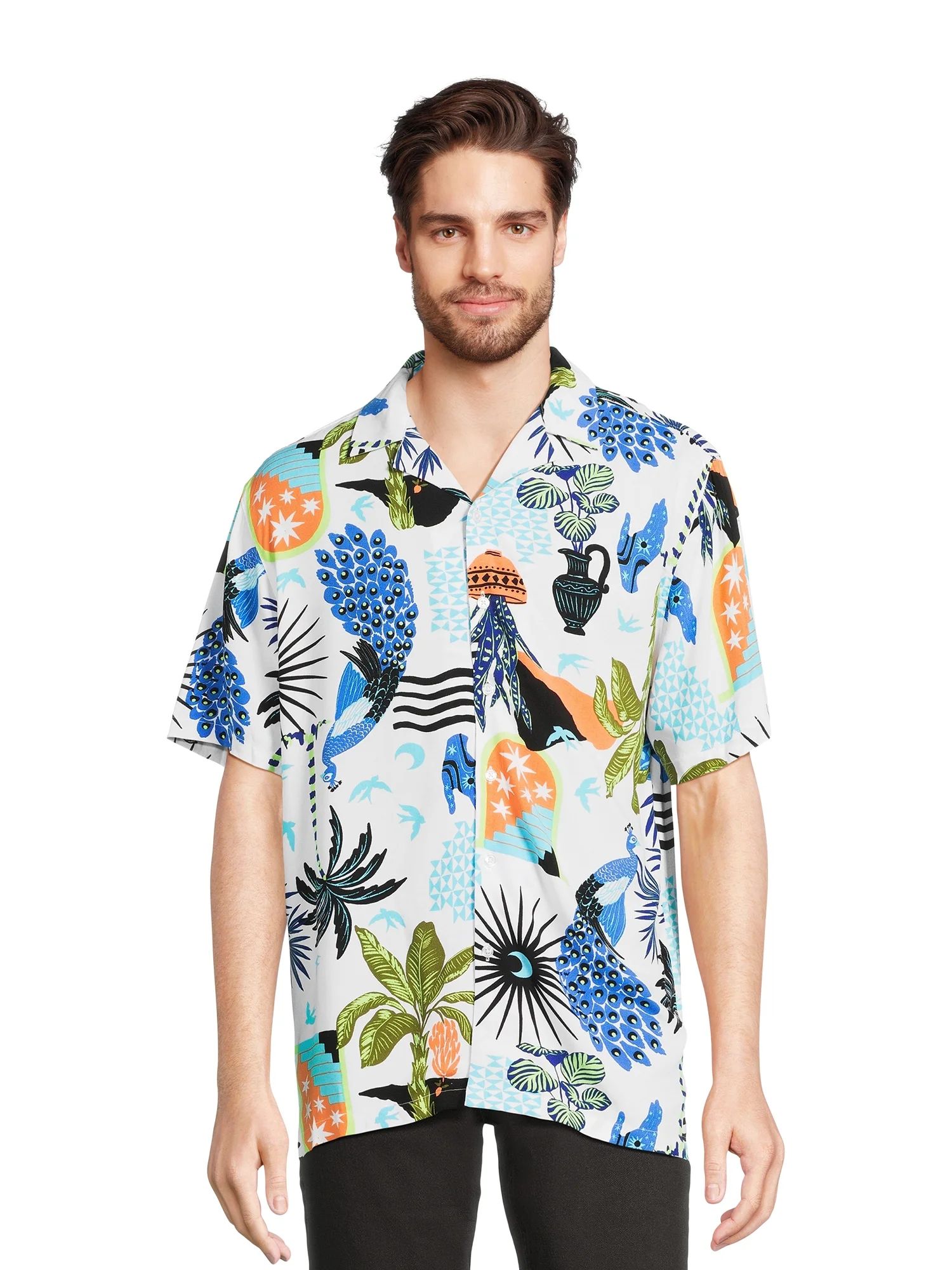 No Boundaries Men's Print Button Up Shirt with Short Sleeves, Sizes XS-3XL | Walmart (US)