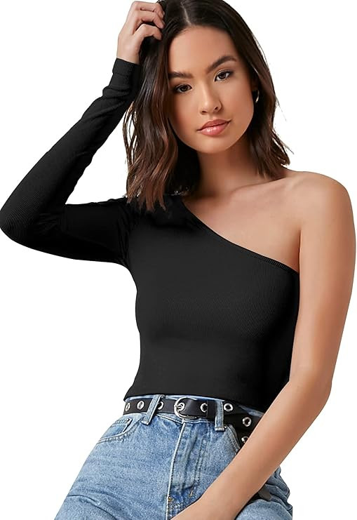 Floerns Women's Causal One Shoulder Long Sleeve Rib Knit T-Shirts Tee Tops | Amazon (US)