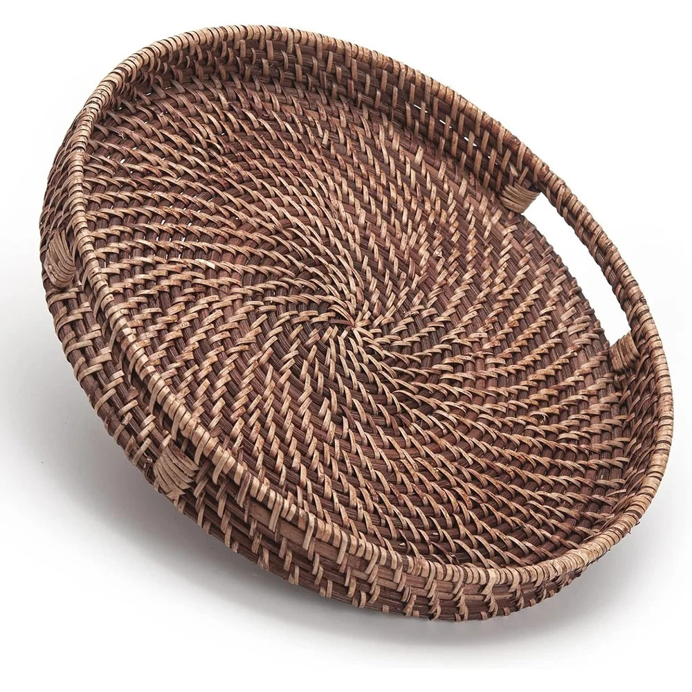 Round Rattan Woven Serving Tray With Handles, Ottoman Tray For Breakfast, Drinks, Snacks, Coffee Table, Home Decor, Honey Brown | Wayfair North America